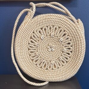 Beige Woven Round Shoulder Bag - Macrame like